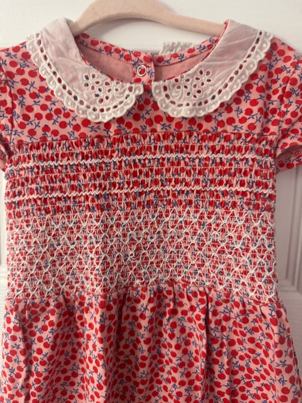 Girls' Pink Floral Smocked Dress with Eyelet Collar 3T